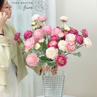 Hoa mẫu đơn, hoa trà giả trang trí thân phủ phấn cành 52cm,hoa mao lương lụa decor trang trí nhà cửa
