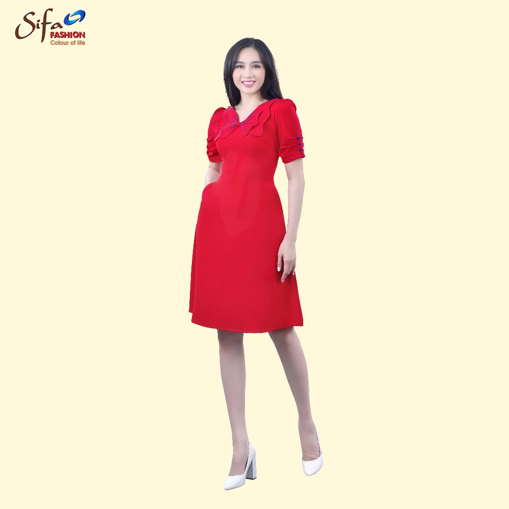 Đầm cổ tim nơ tay ngắn Sifa Fashion KD23863