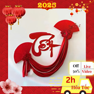 Set Chữ Tết Vải Nhung Đỏ Kèm Hoa Trang Trí 2025 Size Cỡ Lớn. Combo Quạt Đỏ Dây Hạt Ngọc Decor Treo Dán Mành Dèm Cửa Kính
