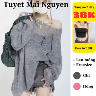 Áo len nữ dài tay Áo len cá tính rách form rộng Áo thu đông Áo len trễ vai Tiệm Meimei MA6