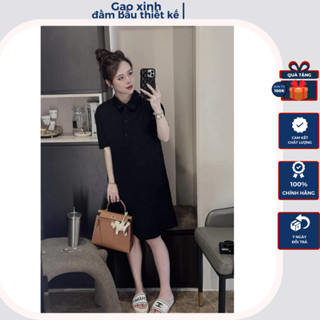 Váy bầu công sở , đầm bầu thiết kế mùa hè dáng suông chữ thêu CD cổ polo thanh lịch nhã nhặn 2 màu cực hot