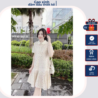Váy bầu babydoll , đầm bầu hoa nhí dáng dài đuôi cá cổ bèo xếp ly thanh lịch nhã nhặn phù hợp mọi hoàn cảnh new hot