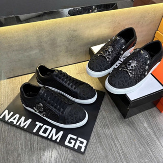  giầy slipon philipp plein nam - giày lười PP Đinh Tán Nhũ thêu đầu lâu sao đen < ảnh thật + video> 