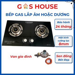 Bếp ga âm đôi cao cấp gia đình, mặt kính cường lực 8mm, đánh lửa magneto, tiết kiệm gas