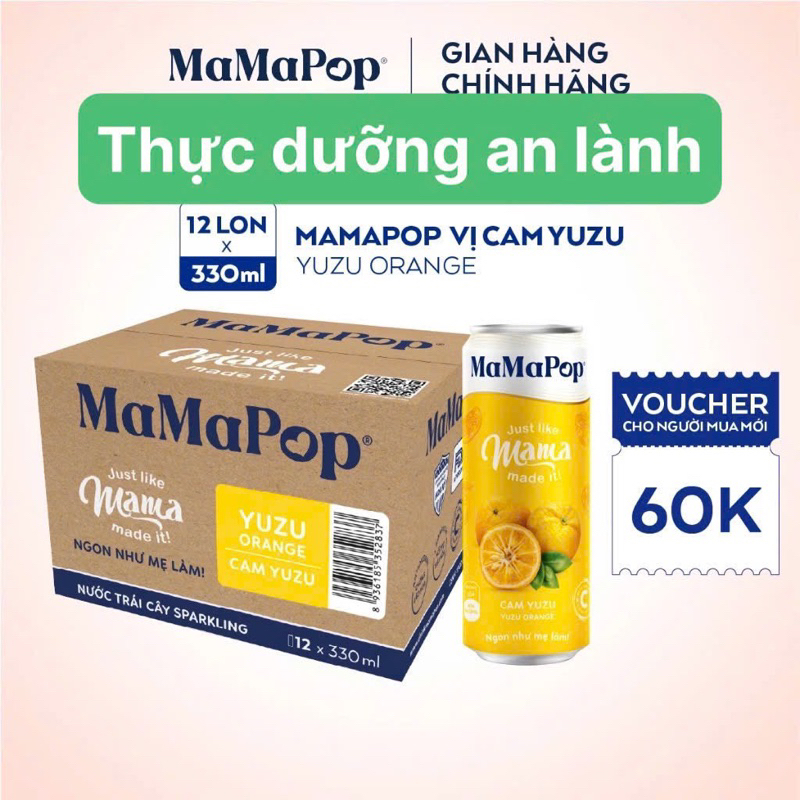 NƯỚC TRÁI CÂY SPARKLING MAMAPOP VỊ CAMYUZU NGON NHƯ MẸ LÀM (12lonx330ml) DATE 2027