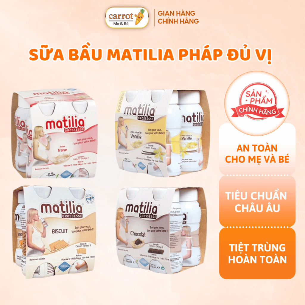 Sữa Bầu MATILIA Socola, Vani, Bánh Quy, Dâu Cho Mẹ Bầu Khỏe Và Bổ Sung Dưỡng Chất Cho Bé - Lốc 4 Hộp