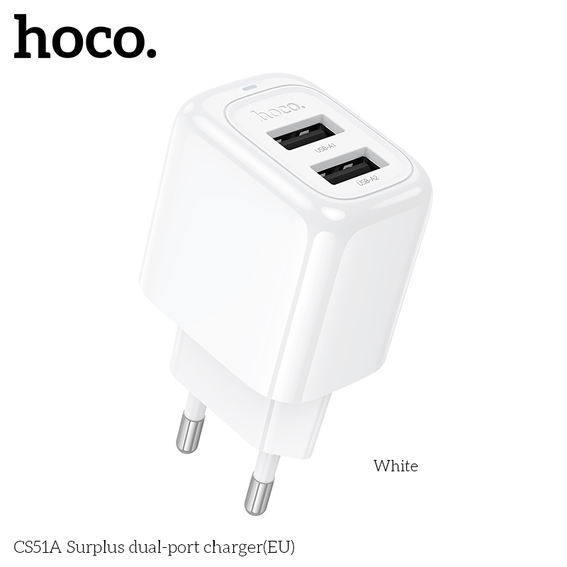 Củ sạc nhanh Hoco CS51A có 2 USB, dòng 2.4, chân cắm tròn, có đèn LED báo sạc
