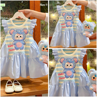 (Top váy bán chạy) Đầm Baby three xanh kẻ tay tiên siêu hot siêu xinh cho bé gái 13-45kg