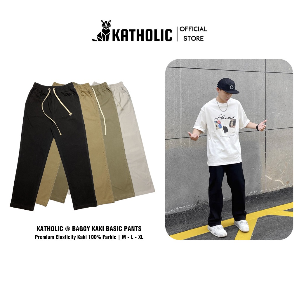 Quần Baggy Kaki Nam Nữ Cạp Chun Ống Rộng Lưng Cao Chất Liệu Kaki Co Giãn 3 Màu Đen, Nâu, Xanh Essen KAT015 | BigBuy360 - bigbuy360.vn