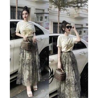 Chân váy voan tơ DIO 2 tầng dáng dài bồng xoè hàng QC sang chảnh loang nâu đen hàng đẹp cao cấp size SML (CV VOAN)