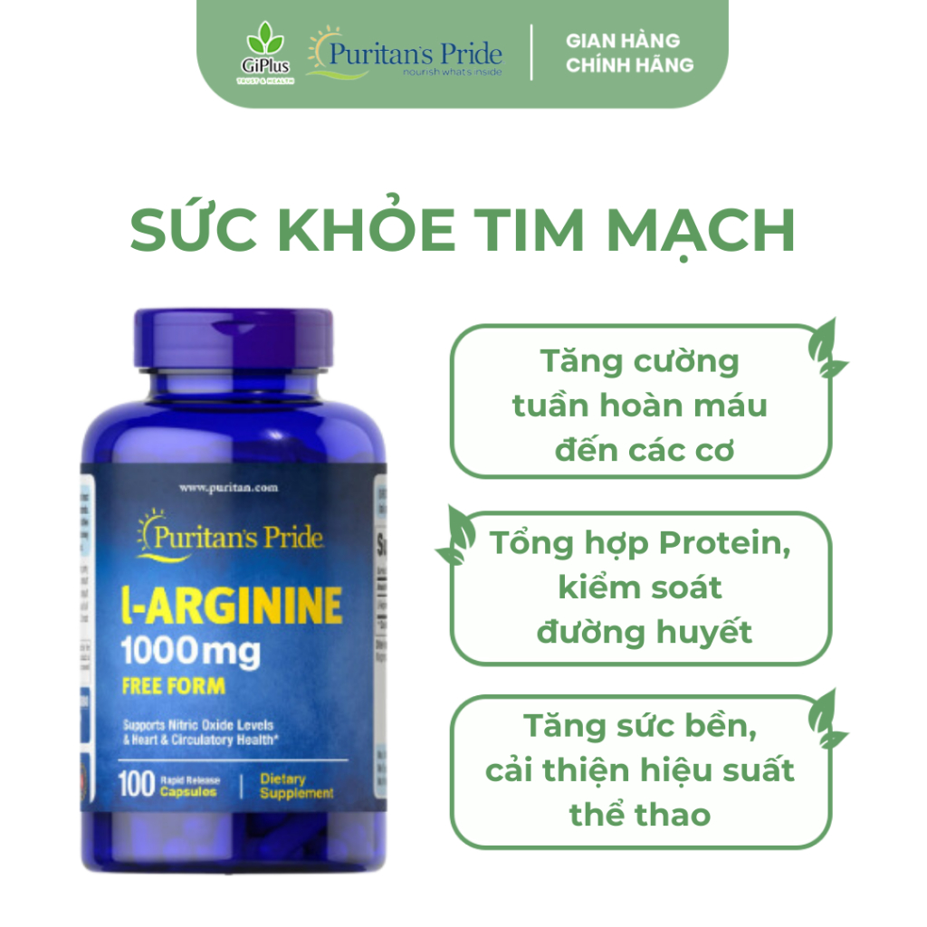 Viên Uống Tăng Cường Sức Khỏe Tim Mạch, Thanh Lọc Gan L-Arginine 1000mg Puritan's Pride