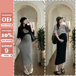  Chân váy bầu dáng dài xẻ sau chất len tăm mềm mịn có chun chỉnh bụng cho từng thai kỳ thoải mái mặc đi làm đi chơi X158 