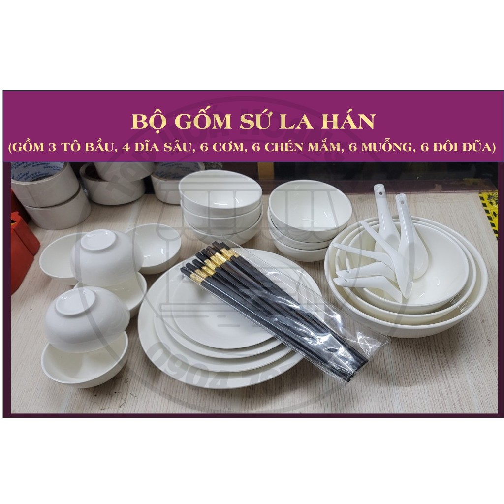 BỘ TÔ, CHÉN, ĐĨA GỐM SỨ TRẮNG 4D ( 3 TÔ BẦU, 4 ĐĨA SÂU, 10 CHÉN CƠM, 10 CHÉN NHỎ, 10 MUỖNG SỨ, 10 ĐÔI ĐŨA)
