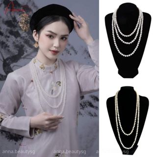 Dây chuyền ngọc trai nhân tạo mặc áo dài, dây chuỗi đính hạt vòng cổ áo ngũ thân sang trọng