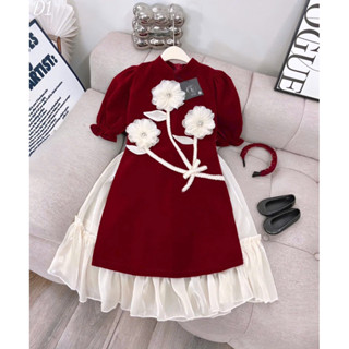 (25-50kg) Bộ quần áo trẻ em, Sét áo dài nhung 3 hoa kèm bờm phối chân váy bé gái size đại