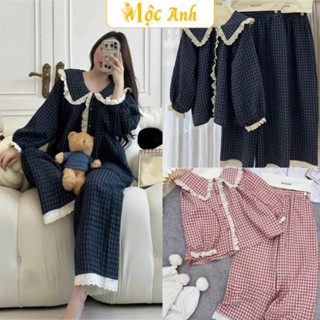 Set Bộ Đồ Pijama Kẻ Caro Áo Cổ Sen Phối Viền Ren Mix Quần Suông Dài Ống Rộng Freesize