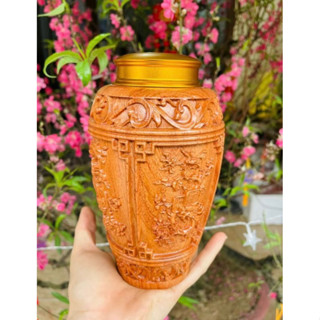 Hộp gỗ đựng trà gỗ Hương nguyên khối + nắp đồng, cao 19 đường kính 11cm, hộp chè nắp đồng, lọ đựng chè