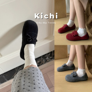  Giày sục nơ KICHI chất vải dạ mix nhung ấm áp giày nữ viber hàn quốc giày đi đà lạt giày noel xinh xắn              A852 
