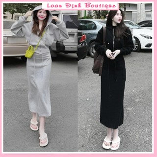 Set Len Khoá Tay Dơi Chân Váy Dài xẻ sau siêu cá tính đồ bộ nữ thu đông Loan Định Boutique LD255