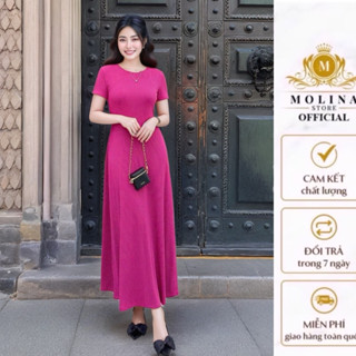 Đầm Thun maxi dáng dài tay ngắn cổ tròn thiết kế hè thu nhà Molina chất thun tăm co giãn 4 chiều