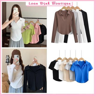Áo polo vạt bầu croptop nữ ngắn tay tăm lạnh ôm body bo eo áo thun nữ kiểu trơn basic nhún eo LD355