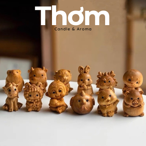 Tượng 12 con giáp gỗ đàn hương thơm dịu, bình an, may mắn Thơm Shop, để bàn học, làm việc, trang trí