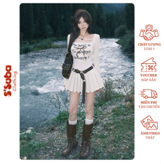 Váy hot girl cá tính S'suba Clothing cổ tròn đính nơ dài tay phối chân váy xếp ly không kèm đai trẻ trung hẹn hò dạo phố