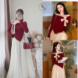 Set Váy Nữ - Áo Len Tăm Trễ Vai Đính Nơ Mix Chân Váy Maxi Dáng Dài Đi Chơi Đi Làm Xinh Mê 