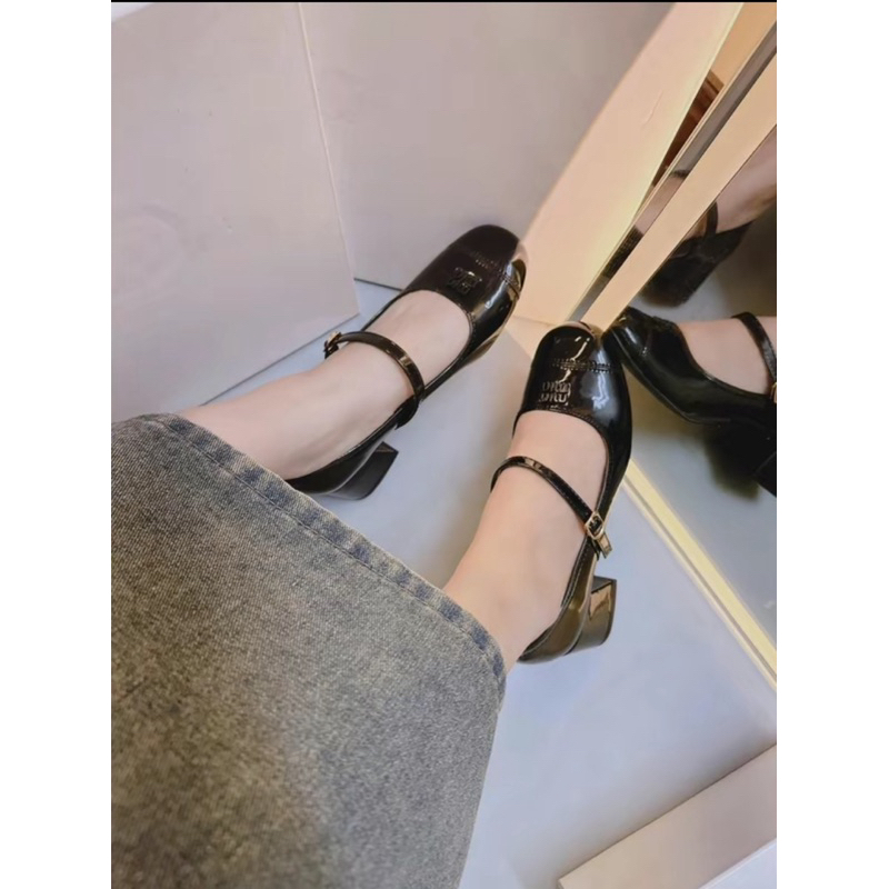 Giày Cao gót Nữ Da Bóng Trơn Chữ Min Đế Vuông 5P