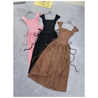 🛒 Đầm Cổ Vuông Tay Ngắn Bản To Xéo - Rút Dây Nơ Hai Bên Eo - Xòe Dài Maxi Ôm Body Sexy - Tiểu Thư Bánh Bèo Sang Chảnh