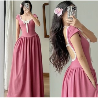🛒 Đầm Tay Ngắn Cổ Vuông Đính Nơ Hở Lưng Chữ U Viền - Xòe Dài Maxi Ôm Body Sexy - Tiểu Thư Bánh Bèo Cute Sang Chảnh