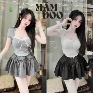 [TẶNG CỘT TÓC] Set đồ nữ Áo Croptop Tay Phồng Đính Nơ Cúp Ngực (Có Bra) Kèm Chân Váy Tầng Thắt Nơ Xám MĂMDOO