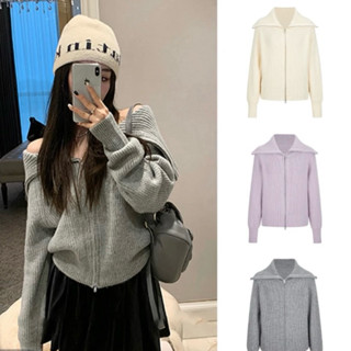 [ẢNH THẬT] SẴN Áo khoác len trễ vai cổ lật polo khoá kéo dài tay bo gấu màu trơn siêu ấm nữ sinh girl pastel