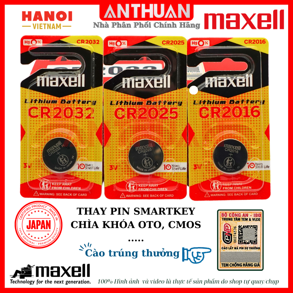 Pin 3V CR2032 CR2025 CR2016 Maxell Pin cúc áo dùng cho remote smartkey khóa điện tử máy tính đồng hồ