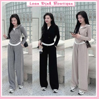 Set bộ mũ cúc len lông thỏ thể thao phối trắng đồ bộ nữ thu đông quần ống suông Loan Định Boutique LD015