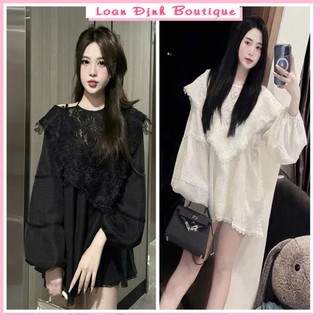 Váy đũi vân mây cổ V dáng xòe babydoll phối ren đầm nữ thiết kế Loan Định Boutique LD415