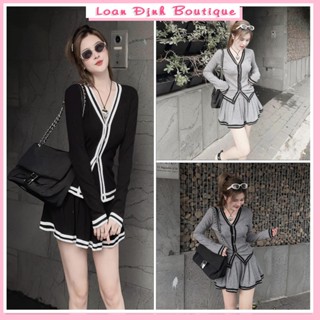 Set áo len phối viền cổ V dài tay tiểu thư phối chân váy cá tính Loan Định Boutique LD057