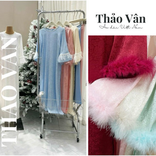 Áo Dài Gấm Cách Tân Nữ Thiết Kế Phối Lông Vũ Nhiều Màu Thích Hợp Đi Lễ Chùa, Hội, Đám Hỏi-Áo Dài Thảo Vân