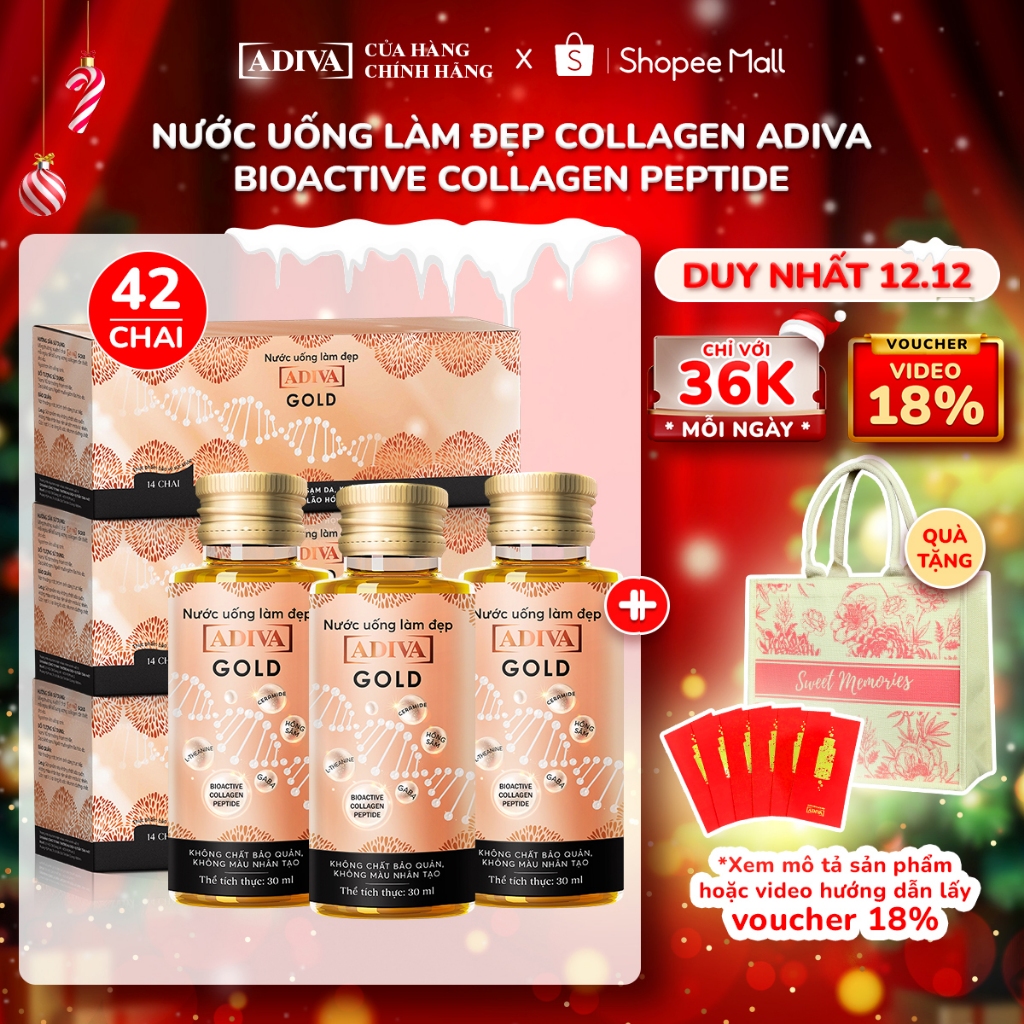 Combo 3 Hộp Nước Uống Làm Đẹp Collagen Adiva Gold (42 Chai) Giúp Làn Da Giảm Nếp Nhăn Và Chống Lão Hóa