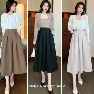  Chân váy xòe CÓ TÚI dài qua đầu đối khóa sườn hông dáng chân váy xếp ly to công sở tiệc hẹn hò lưng cao vải mềm nữ 