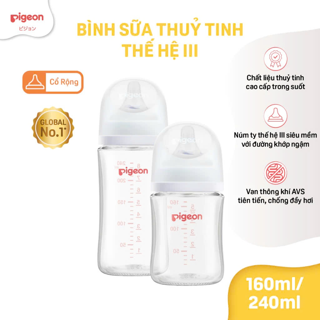 Bình sữa Thuỷ Tinh cổ rộng Pigeon Softouch thế hệ III 160ml/240ml