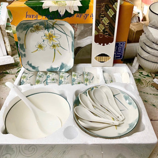 Bộ Bát Đĩa Sứ + hộp quà [19 món] bộ bát tràng hoạ tiết hoa xanh cực đẹp, dùng được lò vi sóng ảnh thật 100%