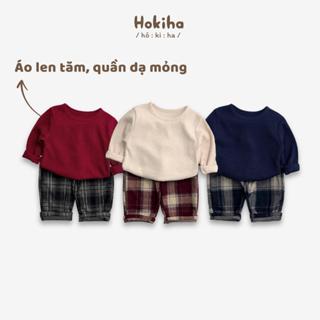 Bộ quần áo cho bé trai bé gái Hokiha áo len tăm, quần dạ mỏng mềm mại, ấm áp size 8-17kg TE739