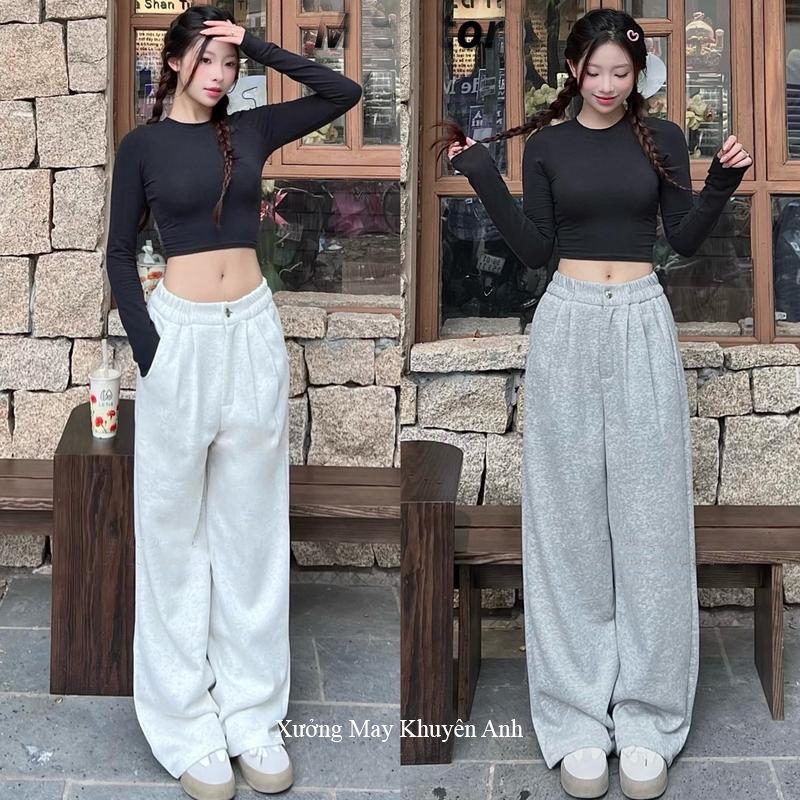 Quần nỉ mùa đông HÀNG ĐẸP nữ 2 da ống rộng suông có túi trước sau xếp li - Quần ống rộng 1 khuy cạp cao lưng chun | BigBuy360 - bigbuy360.vn