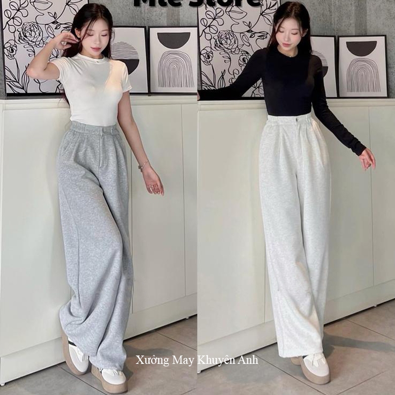 Quần nỉ mùa đông HÀNG ĐẸP nữ 2 da ống rộng suông có túi trước sau xếp li - Quần ống rộng 1 khuy cạp cao lưng chun | BigBuy360 - bigbuy360.vn