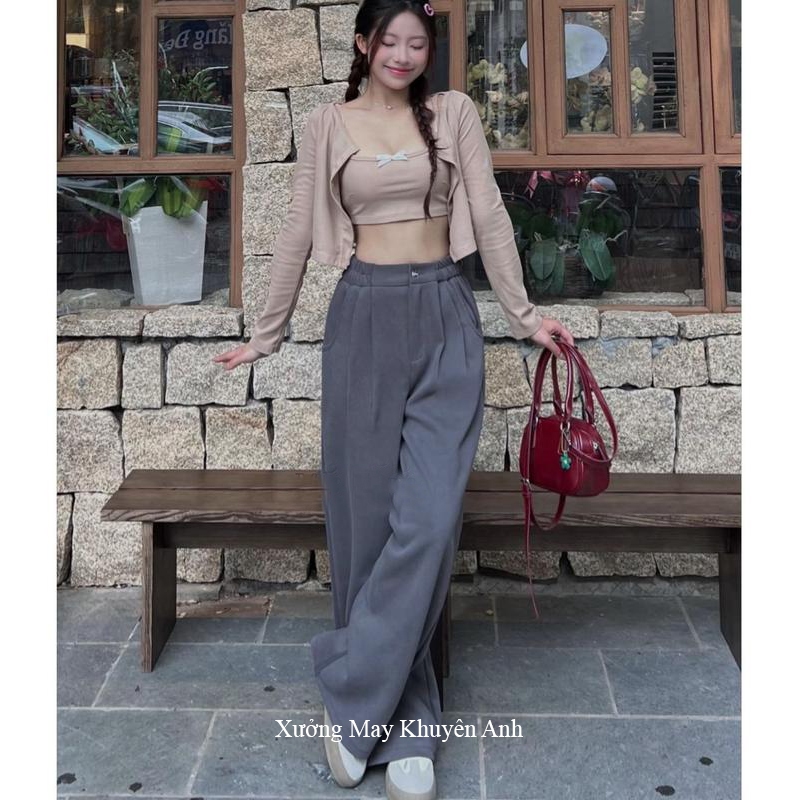 Quần nỉ mùa đông HÀNG ĐẸP nữ 2 da ống rộng suông có túi trước sau xếp li - Quần ống rộng 1 khuy cạp cao lưng chun | BigBuy360 - bigbuy360.vn