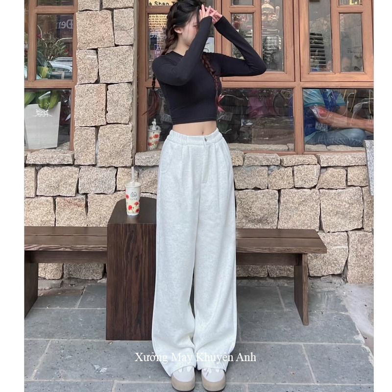 Quần nỉ mùa đông HÀNG ĐẸP nữ 2 da ống rộng suông có túi trước sau xếp li - Quần ống rộng 1 khuy cạp cao lưng chun | BigBuy360 - bigbuy360.vn