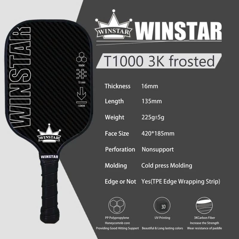 Vợt Pickleball Winstar T1000 Sợi Thủy Tinh Cải Tiến, Vợt Đánh Bóng Pickleball Trọng Lượng Nhẹ