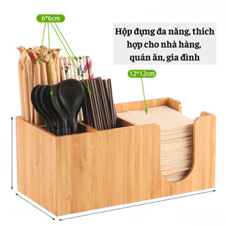 Kệ gỗ tre đựng đũa thìa ống hút giấy ăn tích hợp, kệ đựng đa năng để bàn tiện lợi sang trọng cho quán ăn nhà hàng
