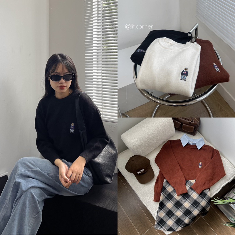 Áo len basic thêu chú gấu style Korean